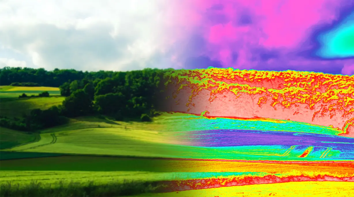 Infrared-style landscape showing fields, trees and sky in highly saturated colors with thermal-like effects ans super-resolution.