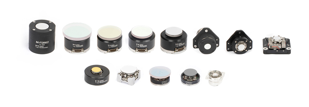 A picture showing a range of Fast Steering Mirrors aligned together